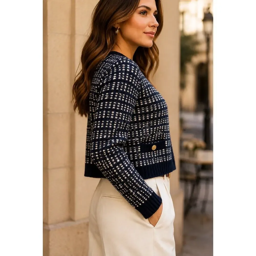 Quiet Luxury Preppy J.Crew Alpaca Wool Gold Button Cardigan Jacket Navy XS
